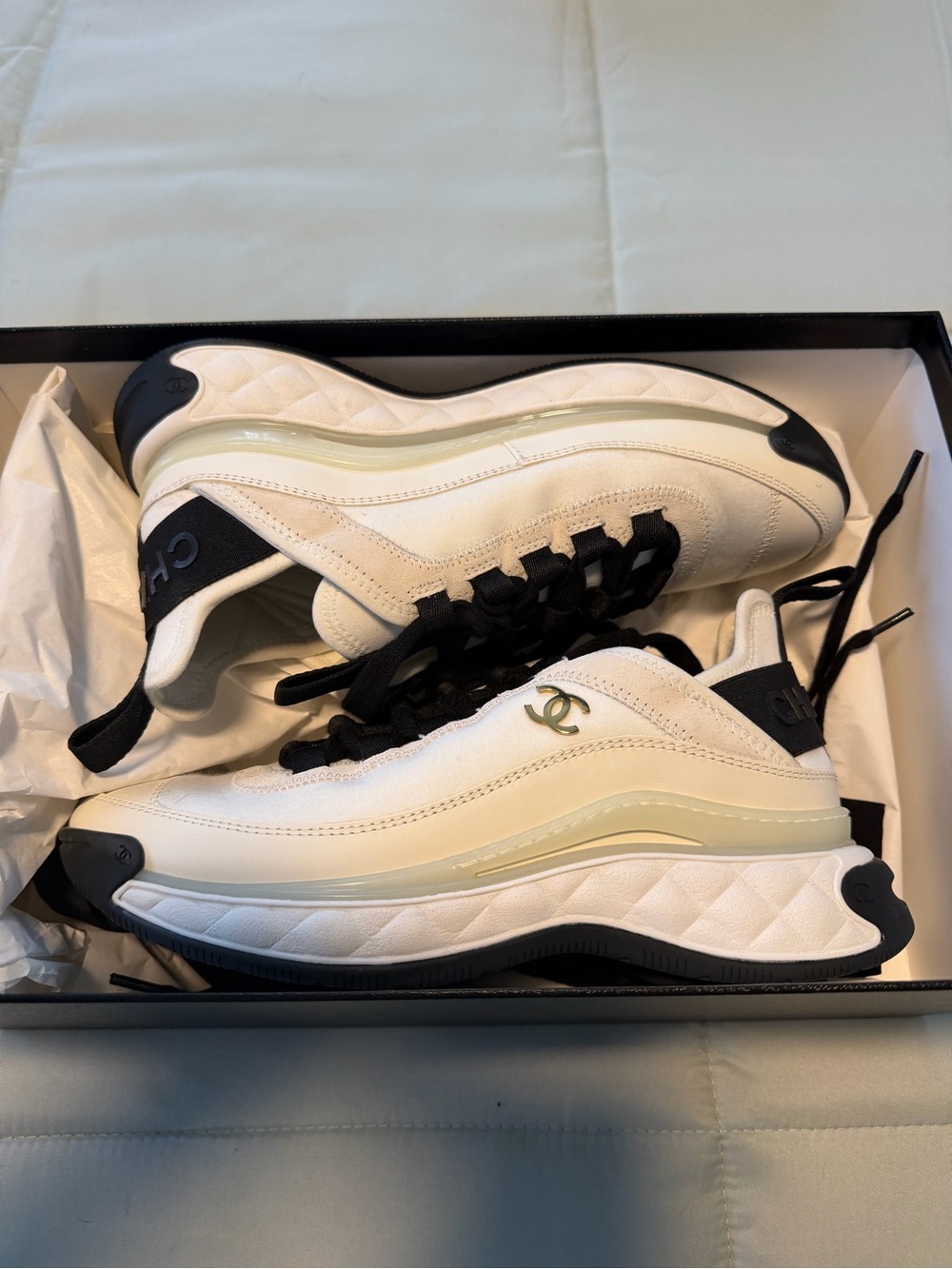 CHANEL White and Black Quilted-Trim Logo Sneakers